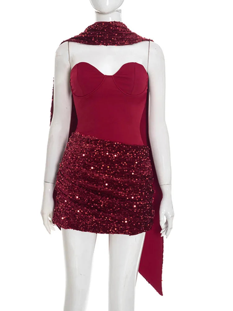 Vestido Corto de Lentejuelas Strapless con Drapeado – Gatsby