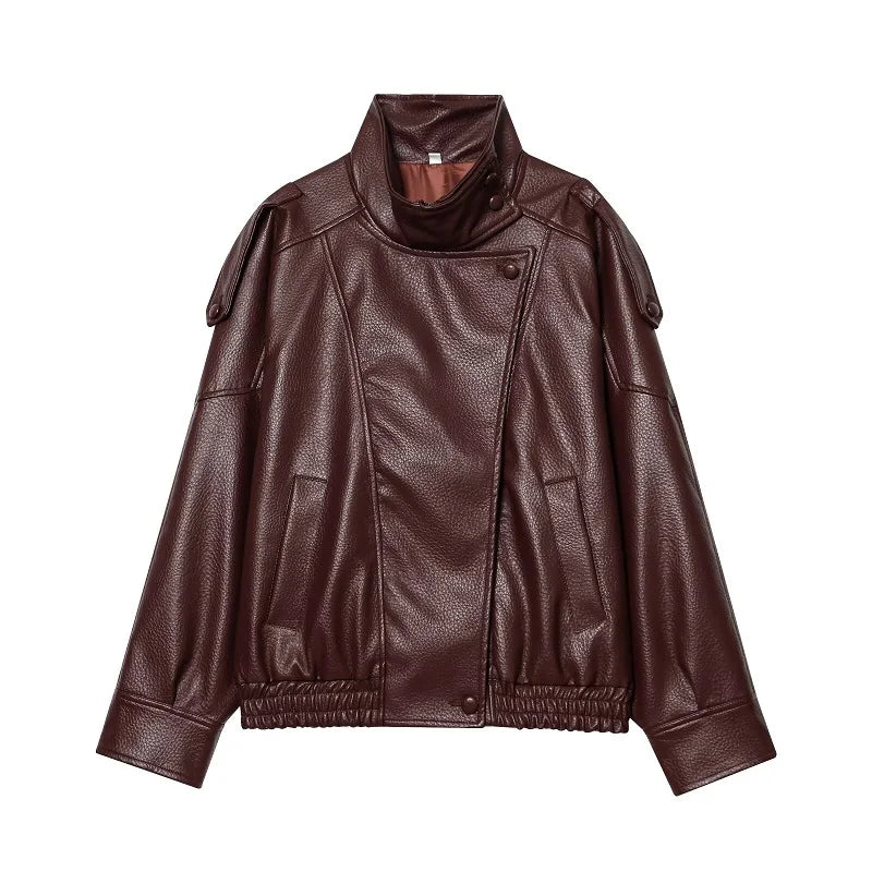 Chaqueta Femenina de Piel Premium Oversized Cuello Alto – Bruges