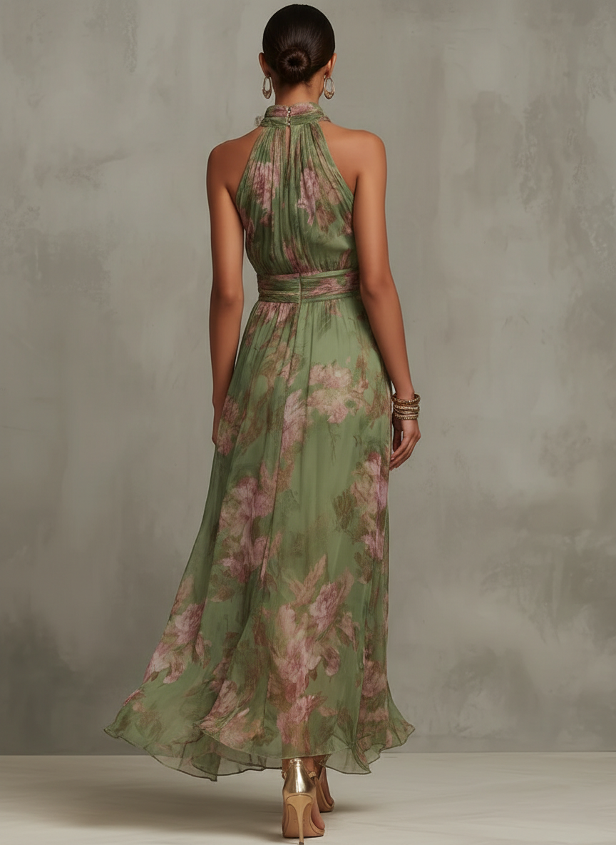 Serena ∙ Vestido largo verde floral en chifón con escote halter