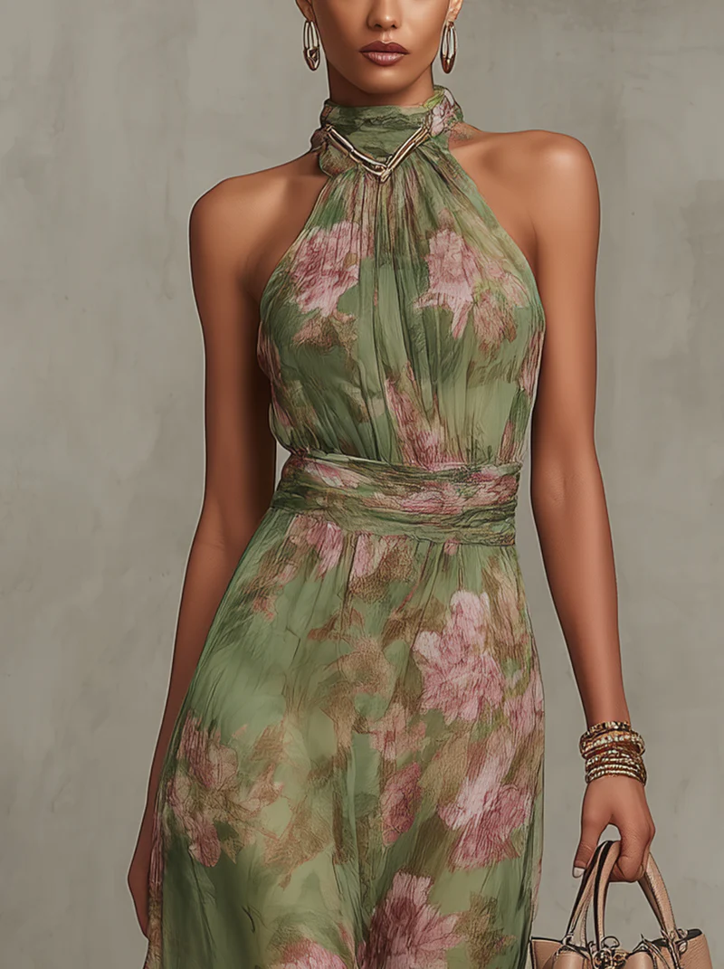 Serena ∙ Vestido largo verde floral en chifón con escote halter