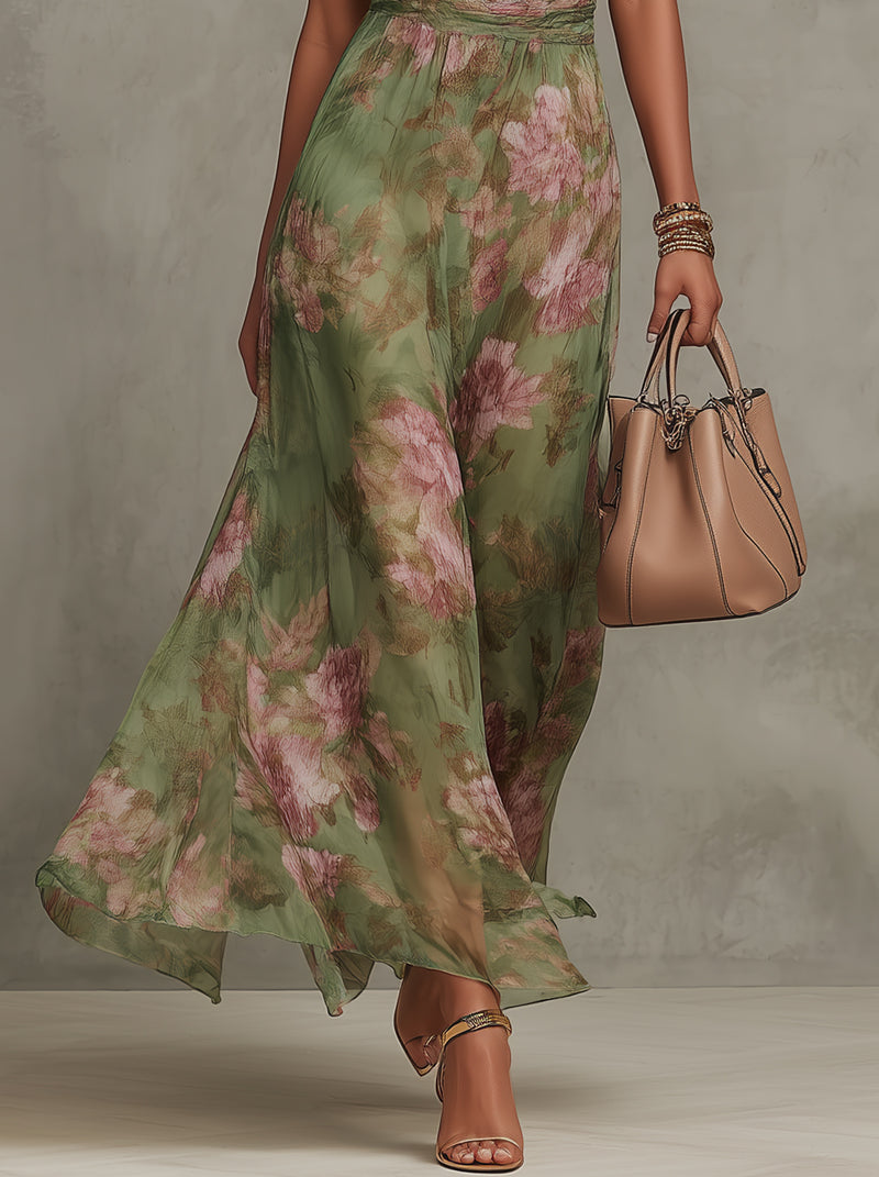 Serena ∙ Vestido largo verde floral en chifón con escote halter