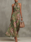 Serena ∙ Vestido largo verde floral en chifón con escote halter