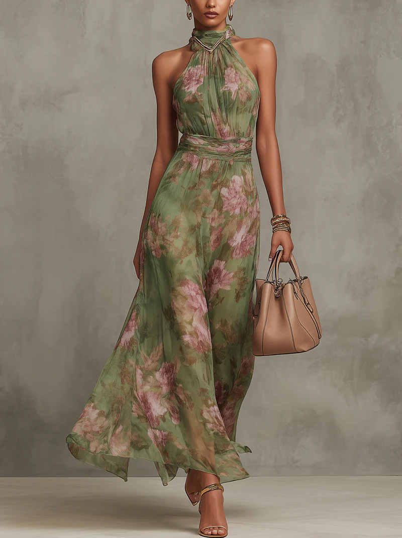 Serena ∙ Vestido largo verde floral en chifón con escote halter