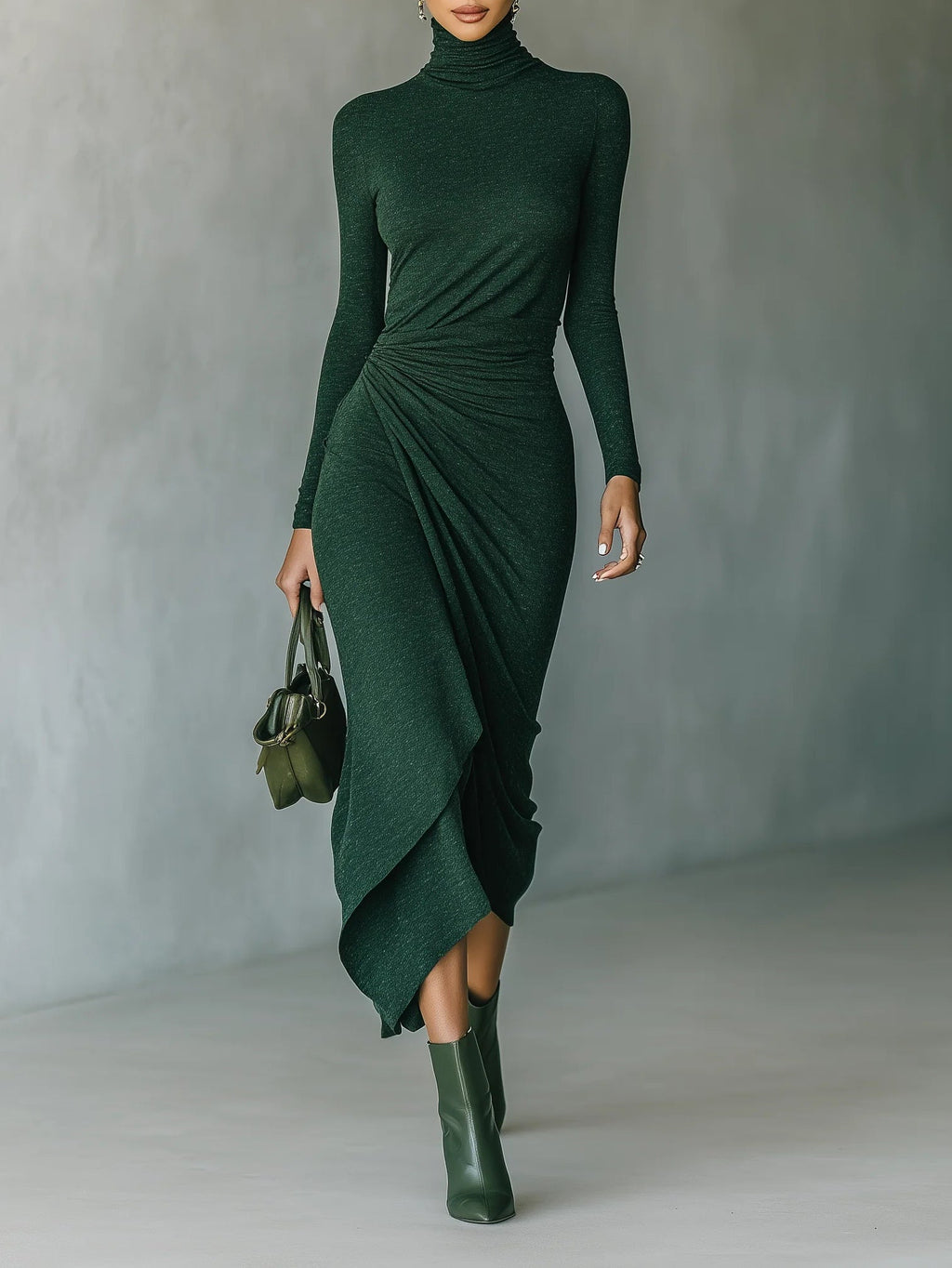 Lenora ∙ Vestido midi cruzado asimétrico plisado con cuello alto – Verde oscuro