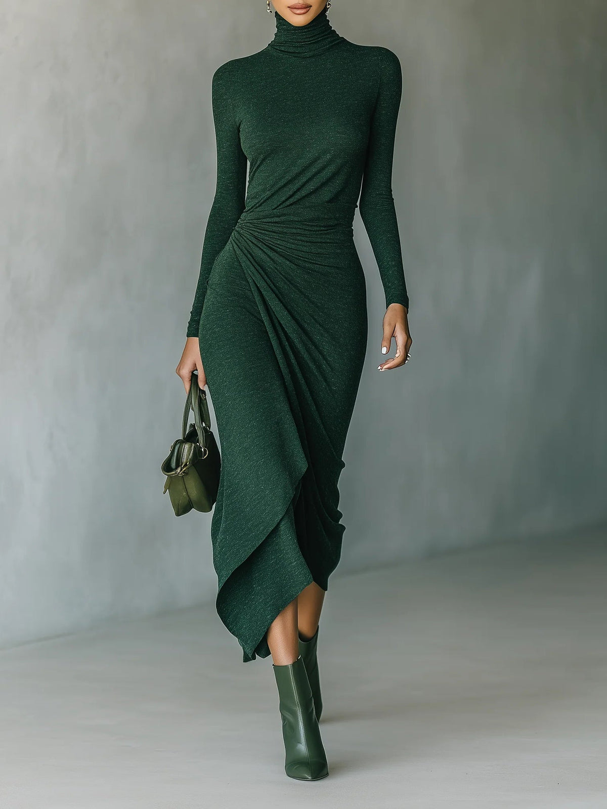 Lenora ∙ Vestido midi cruzado asimétrico plisado con cuello alto – Verde oscuro