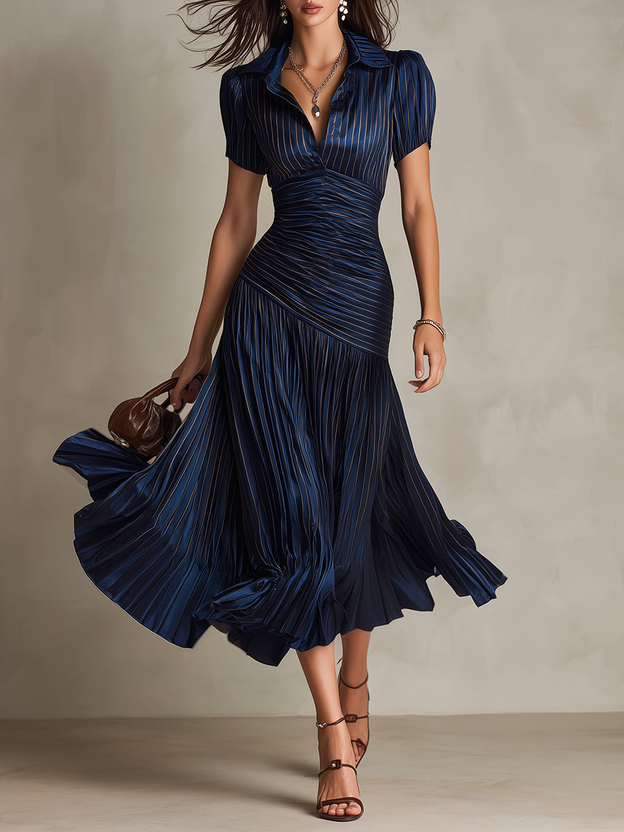 Adriana ∙ Vestido midi satinado de rayas retro