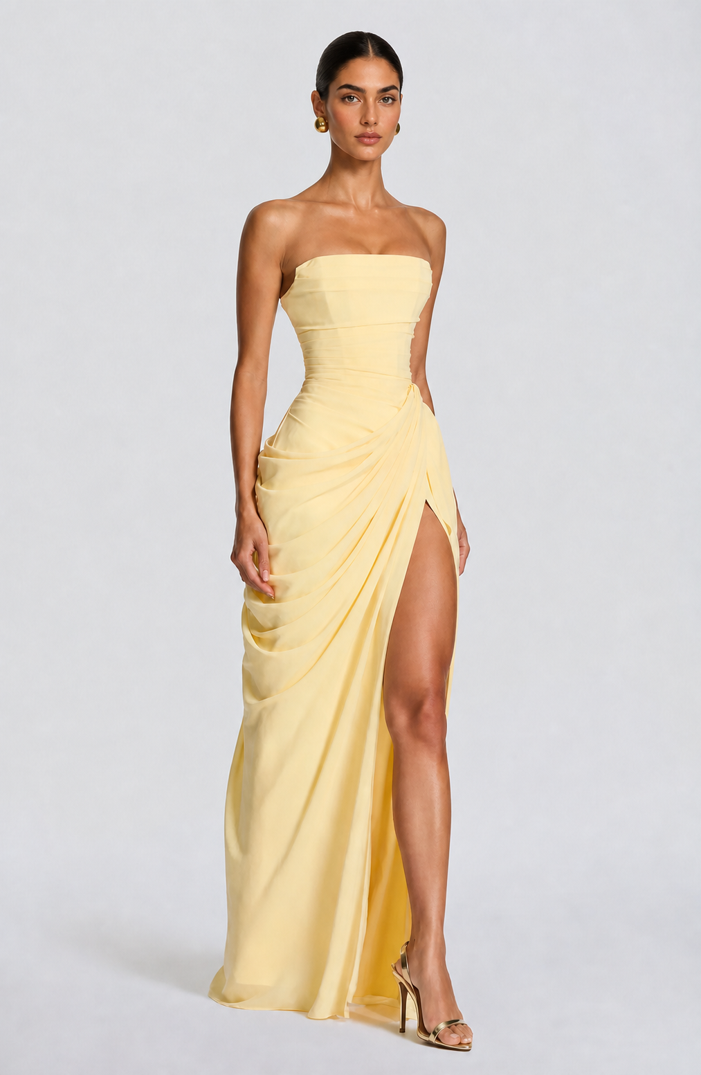 Vestido Largo de Fiesta Drapeado Strapless con Abertura - Mónaco