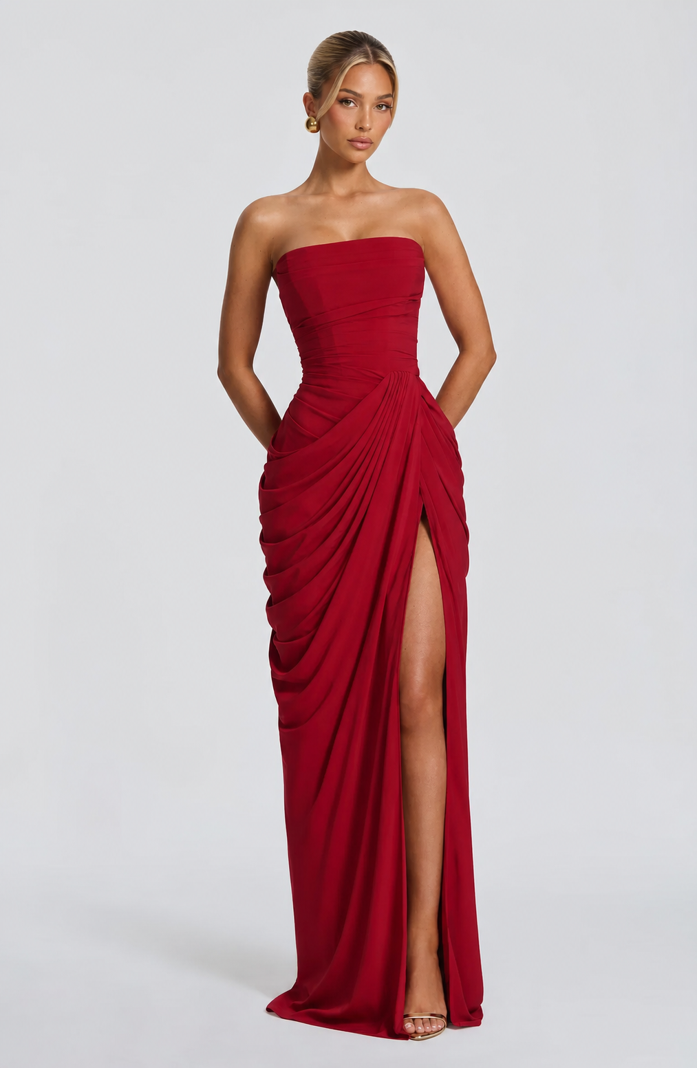 Vestido Largo de Fiesta Drapeado Strapless con Abertura - Mónaco