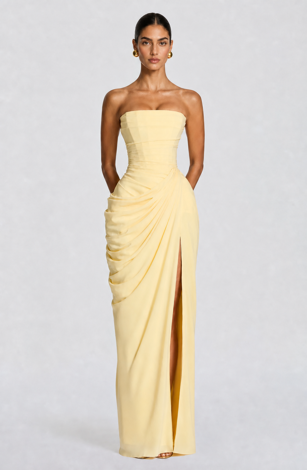 Vestido Largo de Fiesta Drapeado Strapless con Abertura - Mónaco