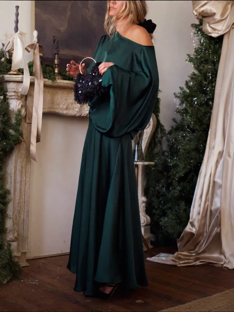 Vestido Femenino Largo de Satén Hombro Caído con Manga Amplia – Firenze