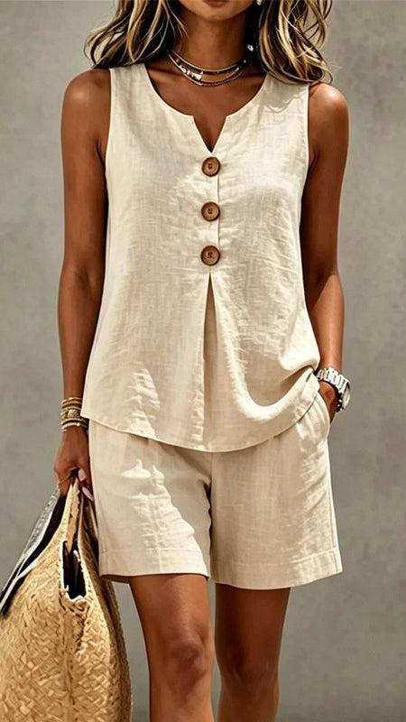 Solana | Conjunto de algodón y lino con top de botones y short