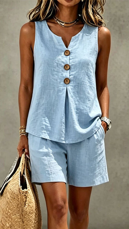 Solana | Conjunto de algodón y lino con top de botones y short