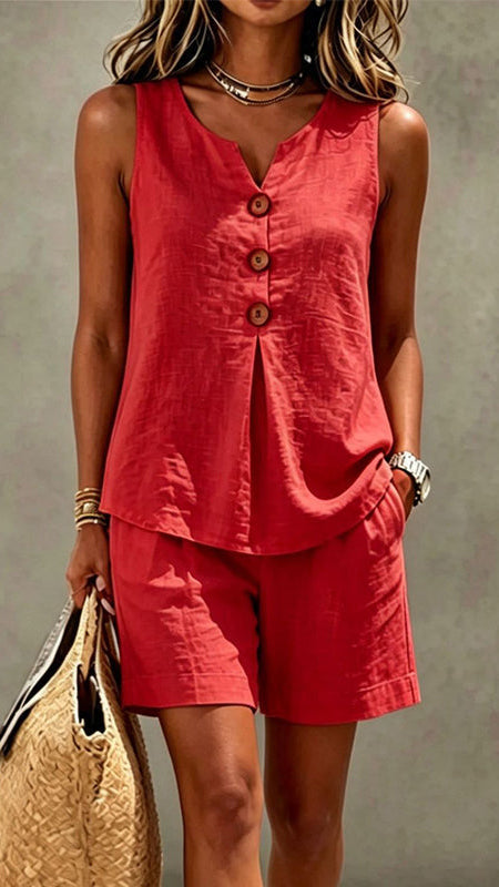 Solana | Conjunto de algodón y lino con top de botones y short