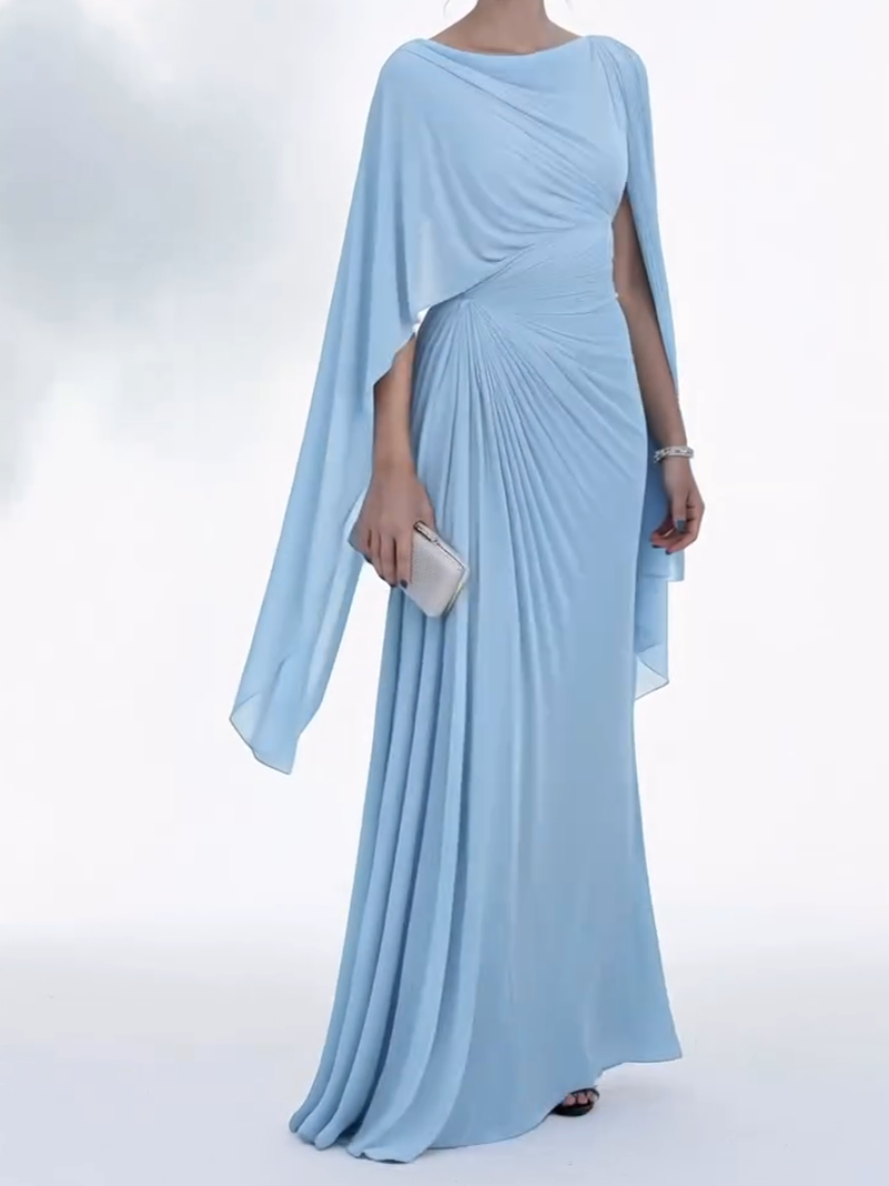 Vestido Femenino Largo Negro con Mangas Capa y Drapeado – Ônix